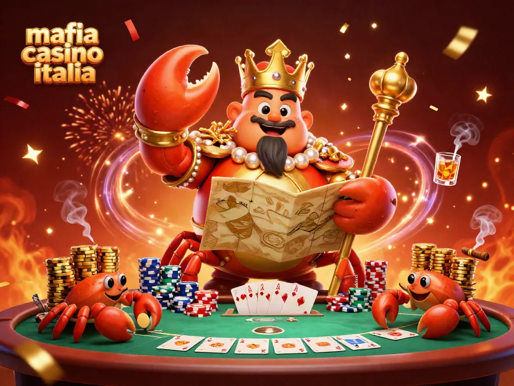 Mafia casino italia features a majestic golden crab emperor overseeing vibrant poker action amidst swirling confetti.