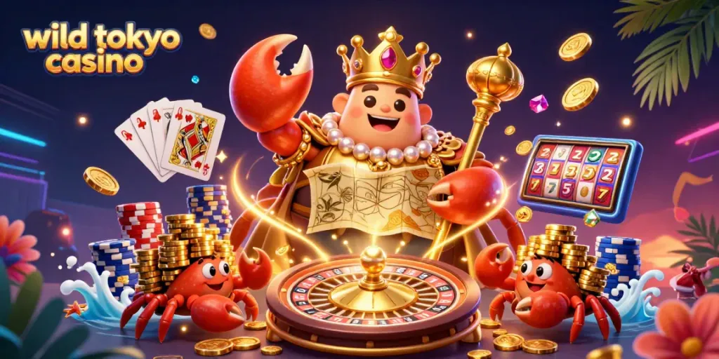 Engage in thrilling action at wild tokyo casino with 3D illustrations of vibrant games and characters.