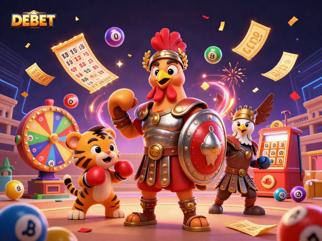 Experience top-tier casino excitement with DEBET featuring a dynamic 3D gladiator rooster and vibrant gaming elements.