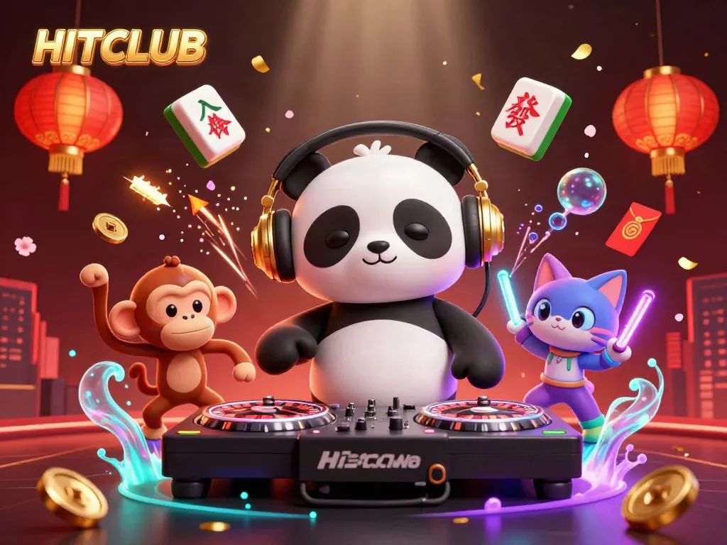 Experience the vibrant HITCLUB atmosphere with a DJ panda spinning roulette wheels and glowing party elements.