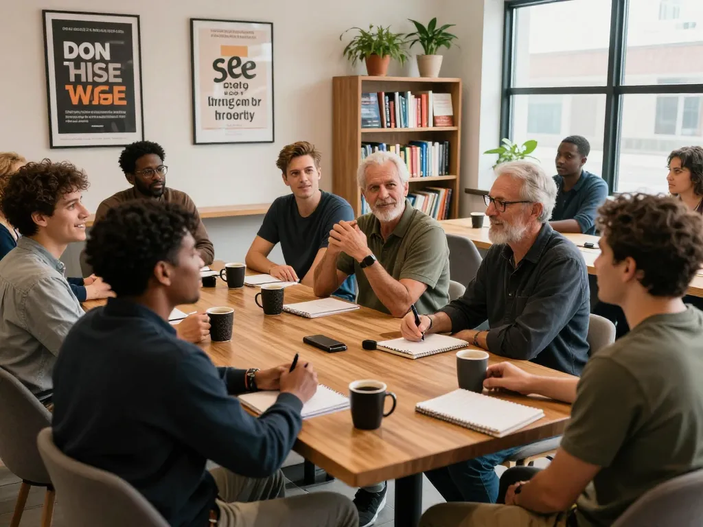 Men club gathering promoting mental well-being and personal growth among diverse members in a supportive environment.