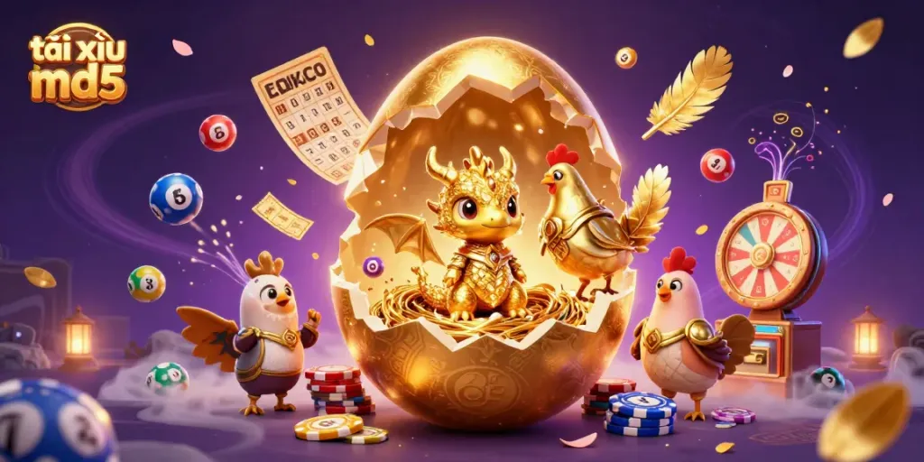 Experience the thrill of tài xỉu md5 with a dragon of gold amidst dynamic casino elements.