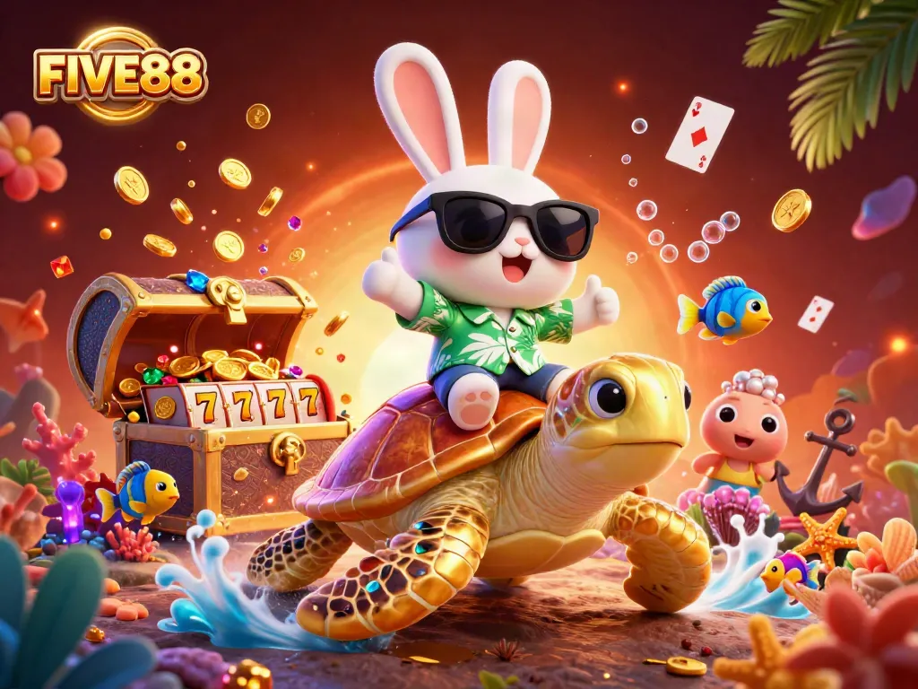 Experience the excitement of winning with FIVE88, featuring an adorable lucky rabbit and golden turtle in a rich casino-themed scene.