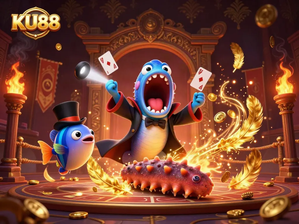 KU88 captures magical moments with vivid underwater characters performing dazzling gambling tricks.