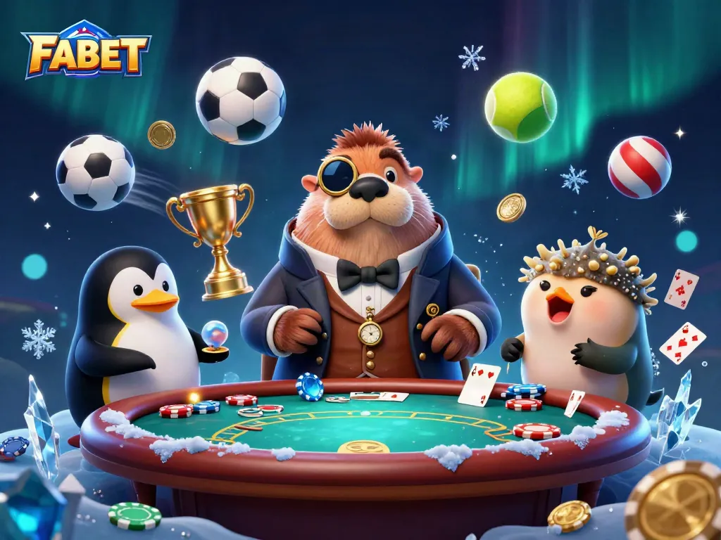 Experience thrilling poker at FABET with a jolly walrus, penguin dealer, and bluffing pufferfish.