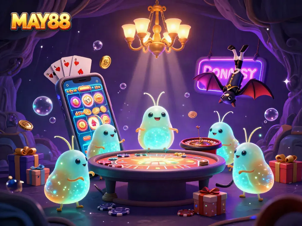 MAY88 glowworms illuminate a vibrant casino scene with colorful games and dynamic effects.