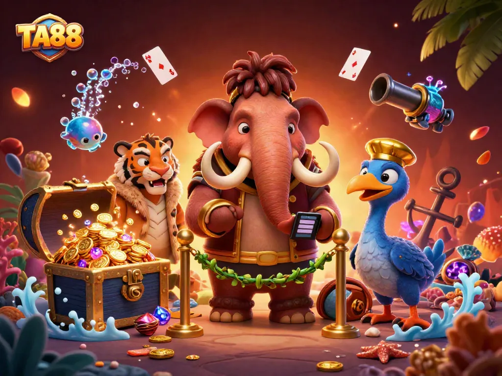 Experience the excitement at TA88 with vivid characters in a casino illustration highlighting vibrant games.