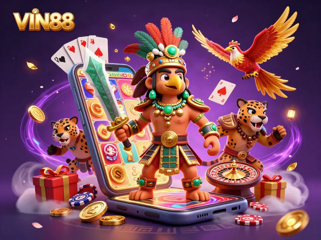 Win big with VIN88's vibrant slot game experience featuring Aztec warriors and dynamic casino elements.