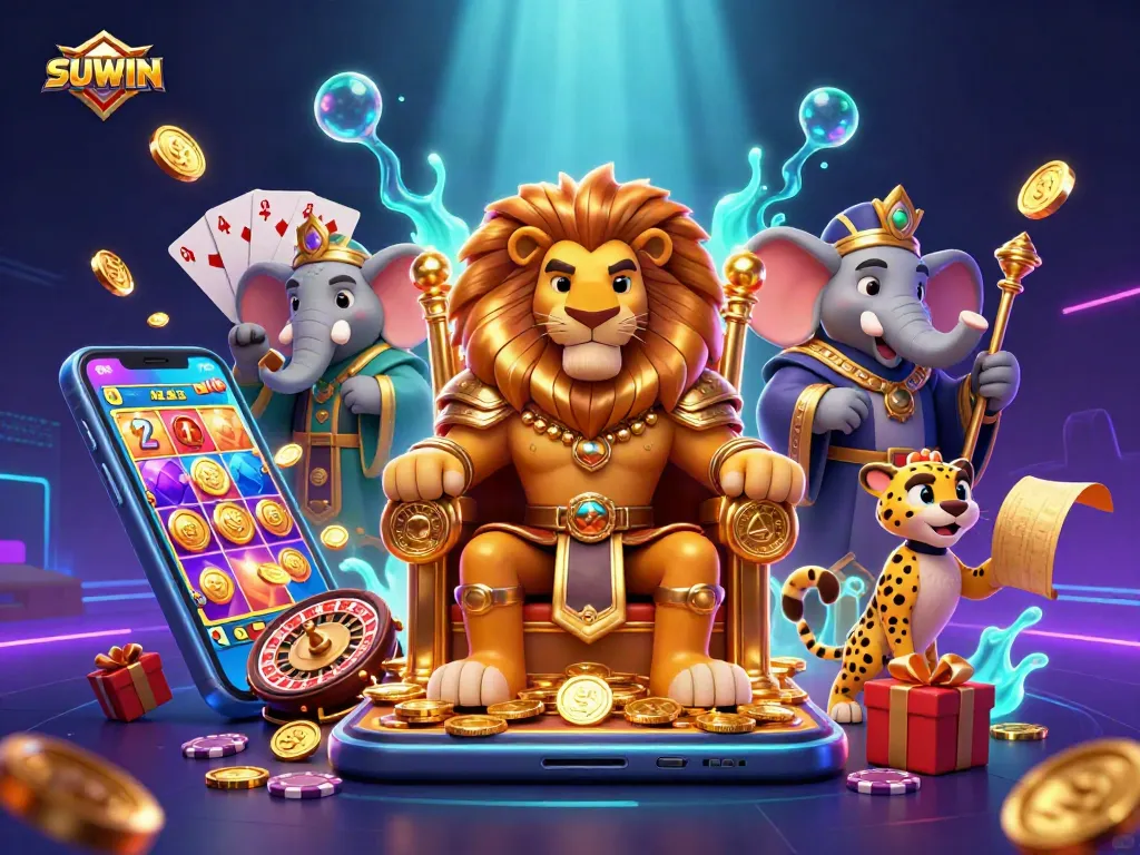 Suwin casino illustration showcases a fierce lion king, wise elephant, and quick cheetah amid vibrant gambling elements.