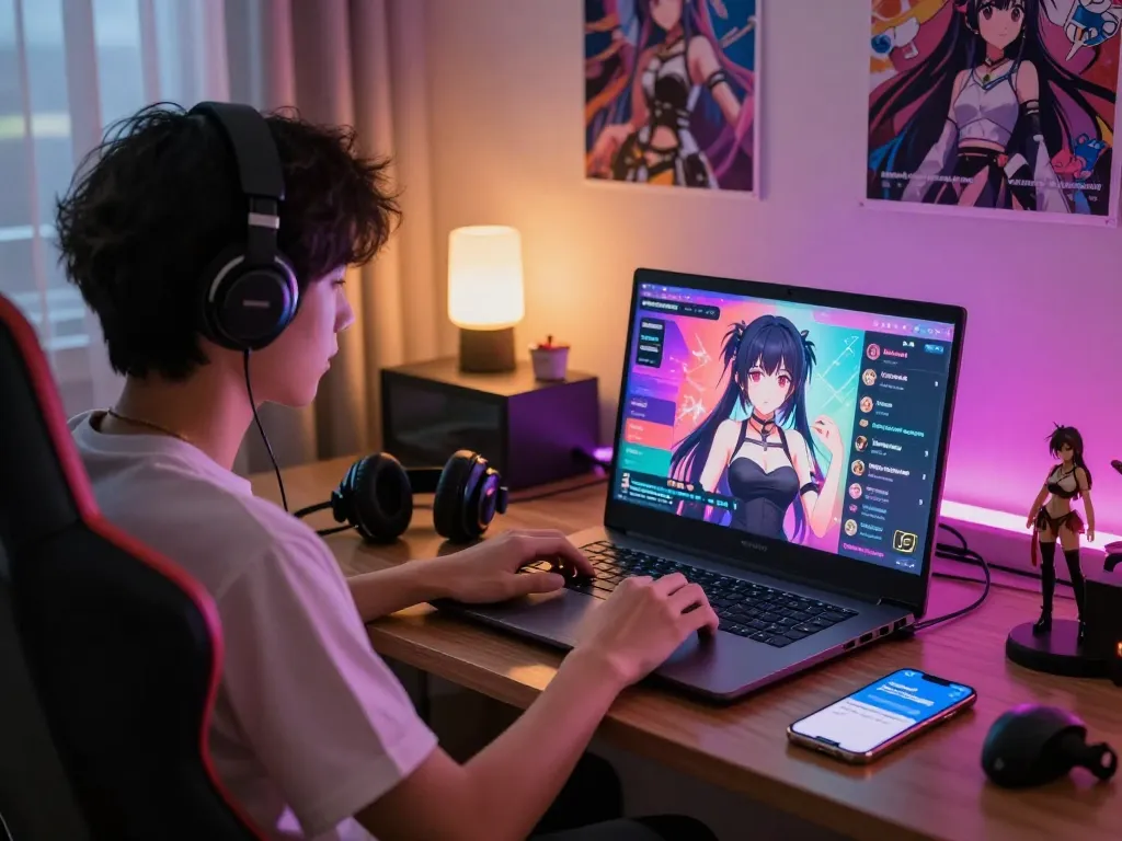 Engaging hentai ai chat setup with a user interacting with a lifelike anime character on laptop.