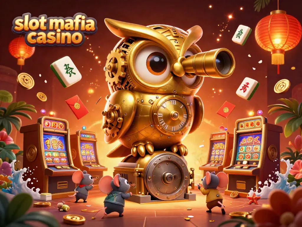 Engaging scene of slot mafia casino gameplay with a golden owl overseeing animated slot machines