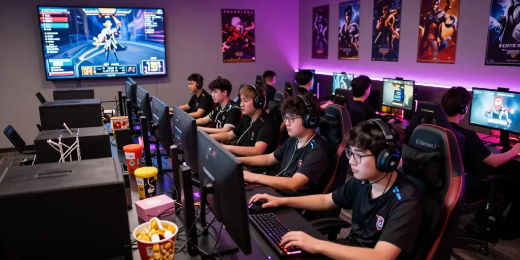 Engaging gaming community at ROKOK88 for competitive online matches in a vibrant esports lounge.