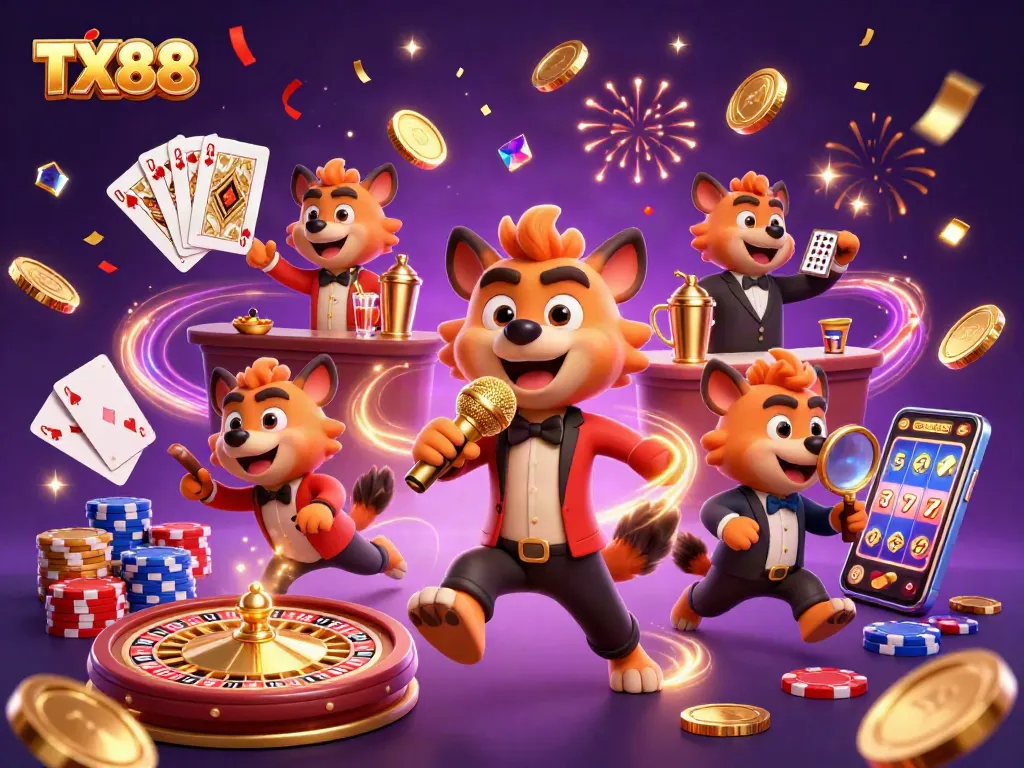 Experience the excitement of TX88 with a lively comedy casino scene featuring hyenas