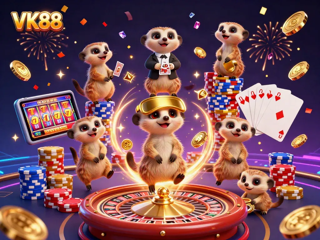 Experience VK88's lively casino scene featuring meerkats, chips, and vibrant game elements.