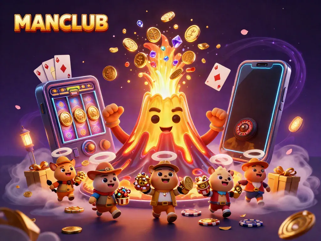 Experience gaming exhilaration at MANCLUB with a volcano of treasures erupting coins and excitement.