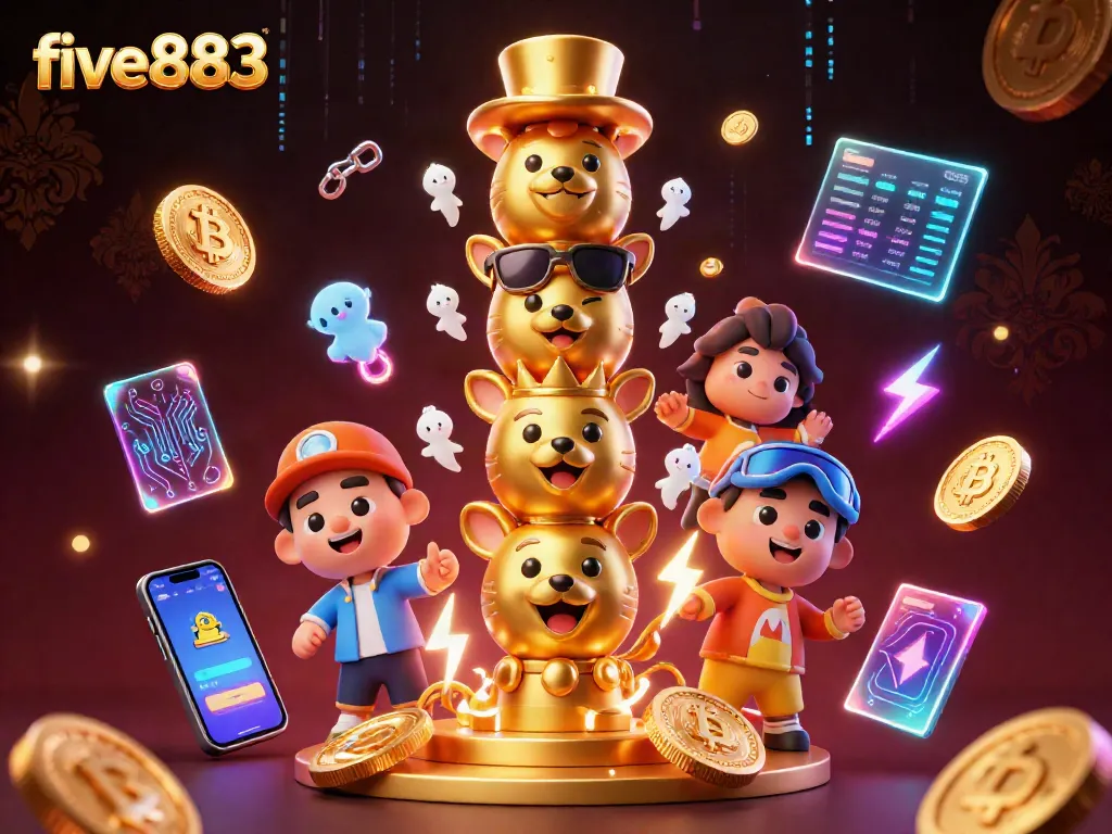 Experience the excitement of five883 with a colorful, casino-themed illustration showcasing dynamic 3D elements.