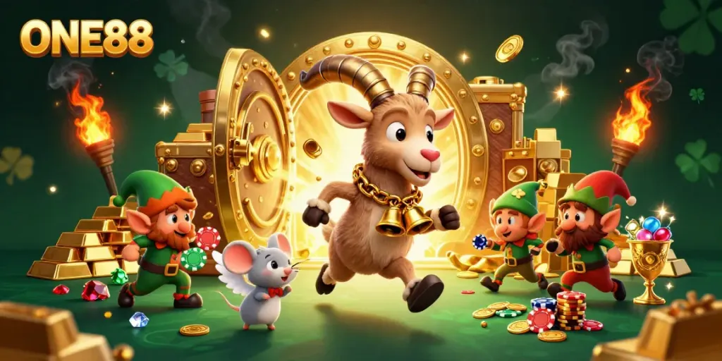 ONE88 engages players in a vibrant casino scene with treasure and lively characters stealing chips.
