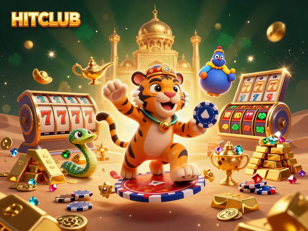Engage with HITCLUB's vibrant 3D illustration showcasing a thrilling online casino experience packed with slots and treasure.