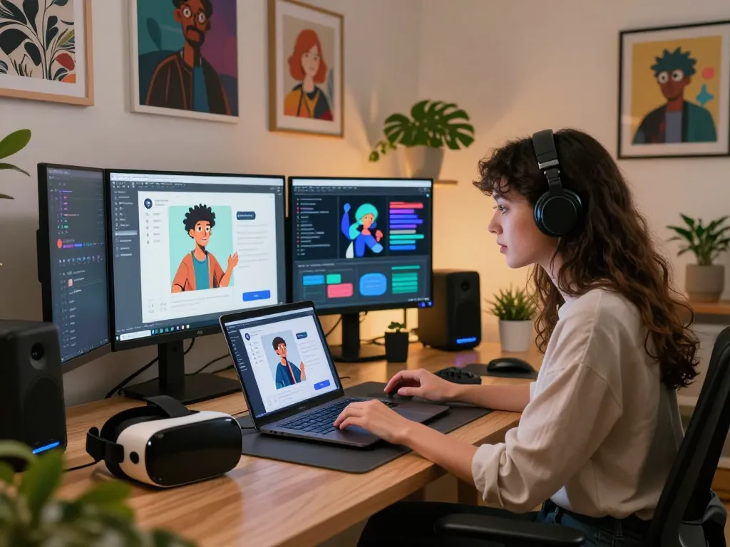Engaging scene of woman using Crushon AI on her laptop in a modern digital workspace