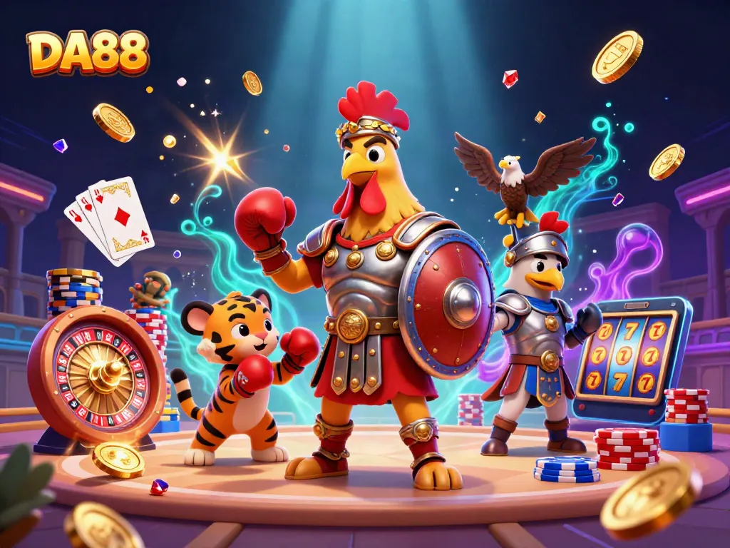 Engage with DA88's thrilling casino experience featuring a gladiator rooster and tiger cub.