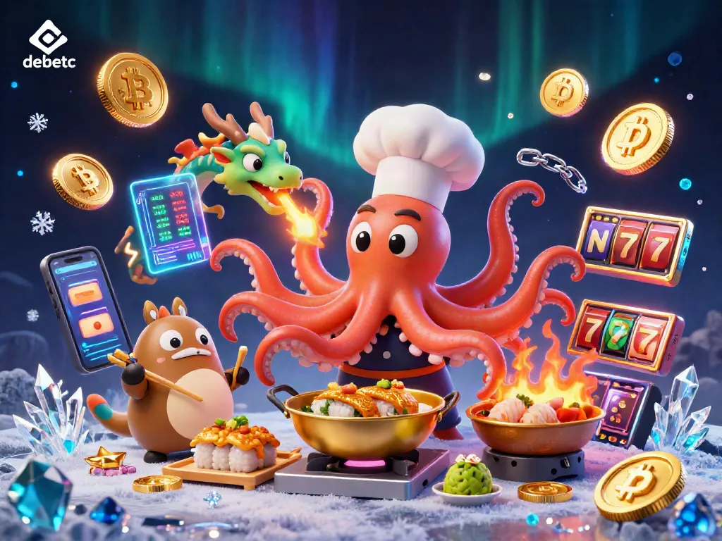 Experience debetc dynamic gaming through a vibrant scene featuring slot games, blockchain elements, and playful characters.