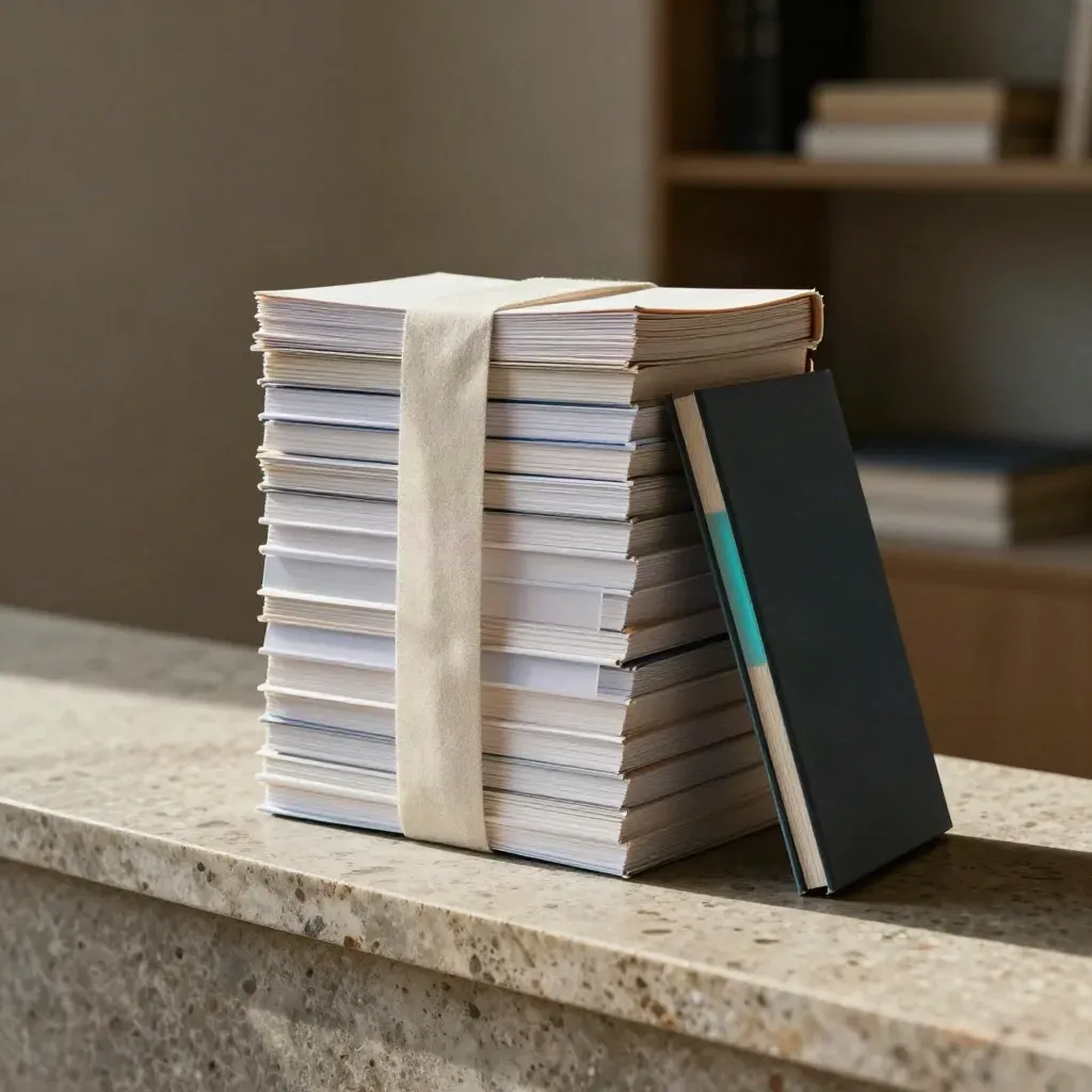 Fascio di booklet annuali su travertino, con fascetta chiara e divisore trasparente