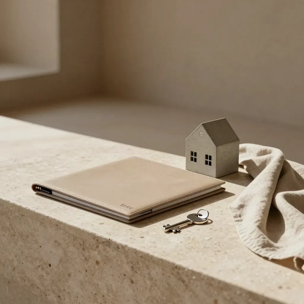 Kit Brief Mercato Casa su travertino con casetta in cemento, lino e oggetto metallico.