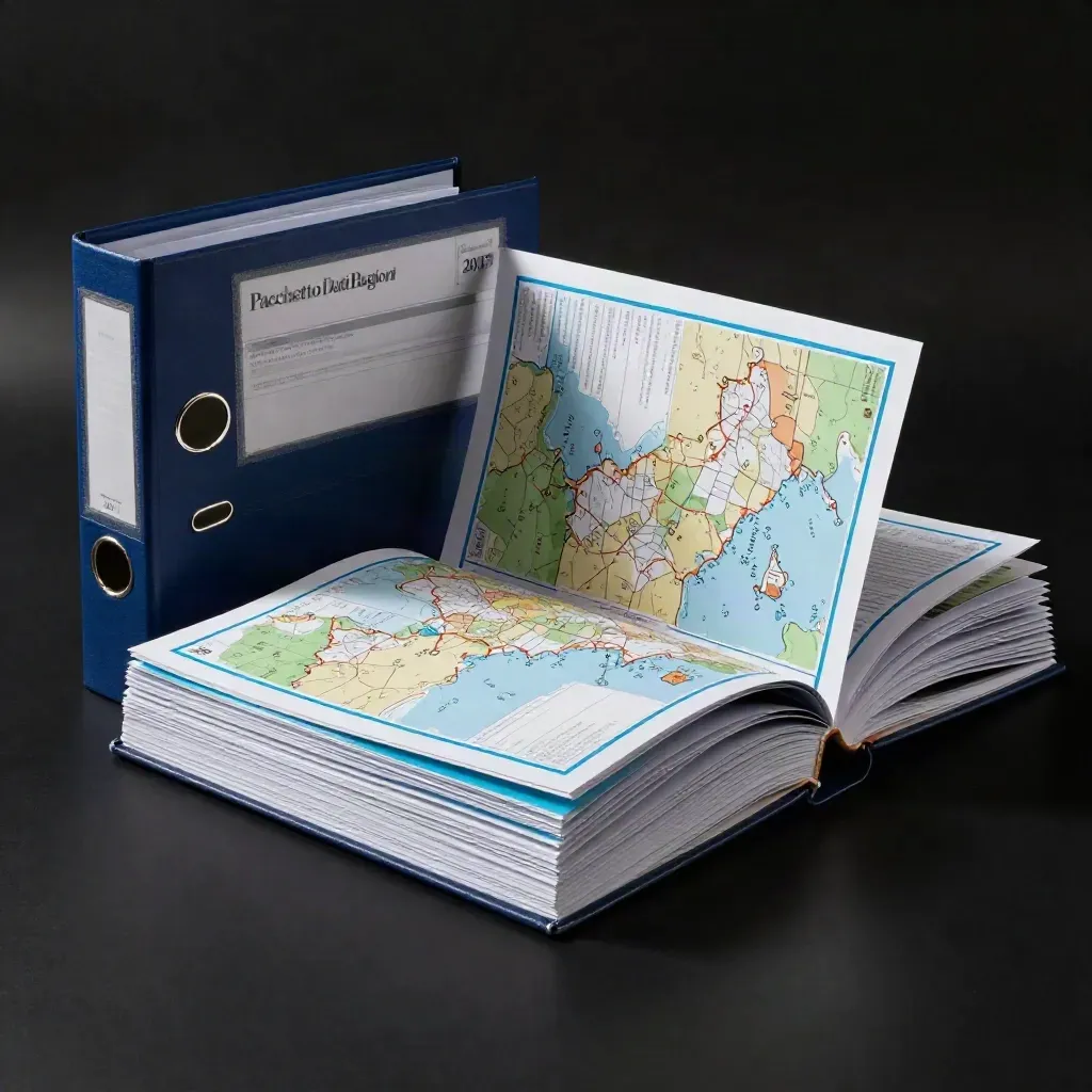 Fascicolo dati regionali aperto con fogli bianchi, divisori ciano e sleeve blu notte.