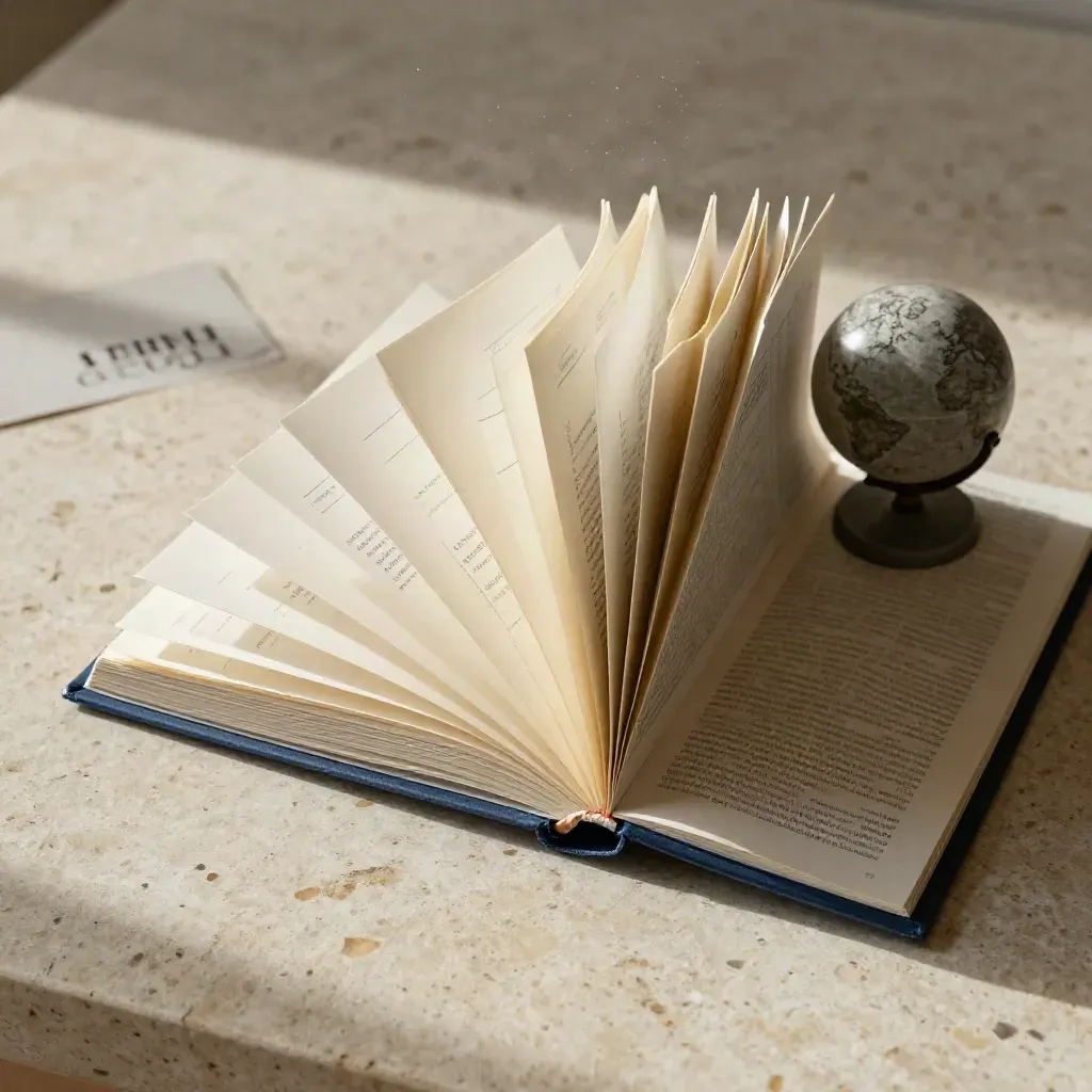 Atlante scolastico aperto in flatlay con sfera e fascetta blu su pietra chiara.
