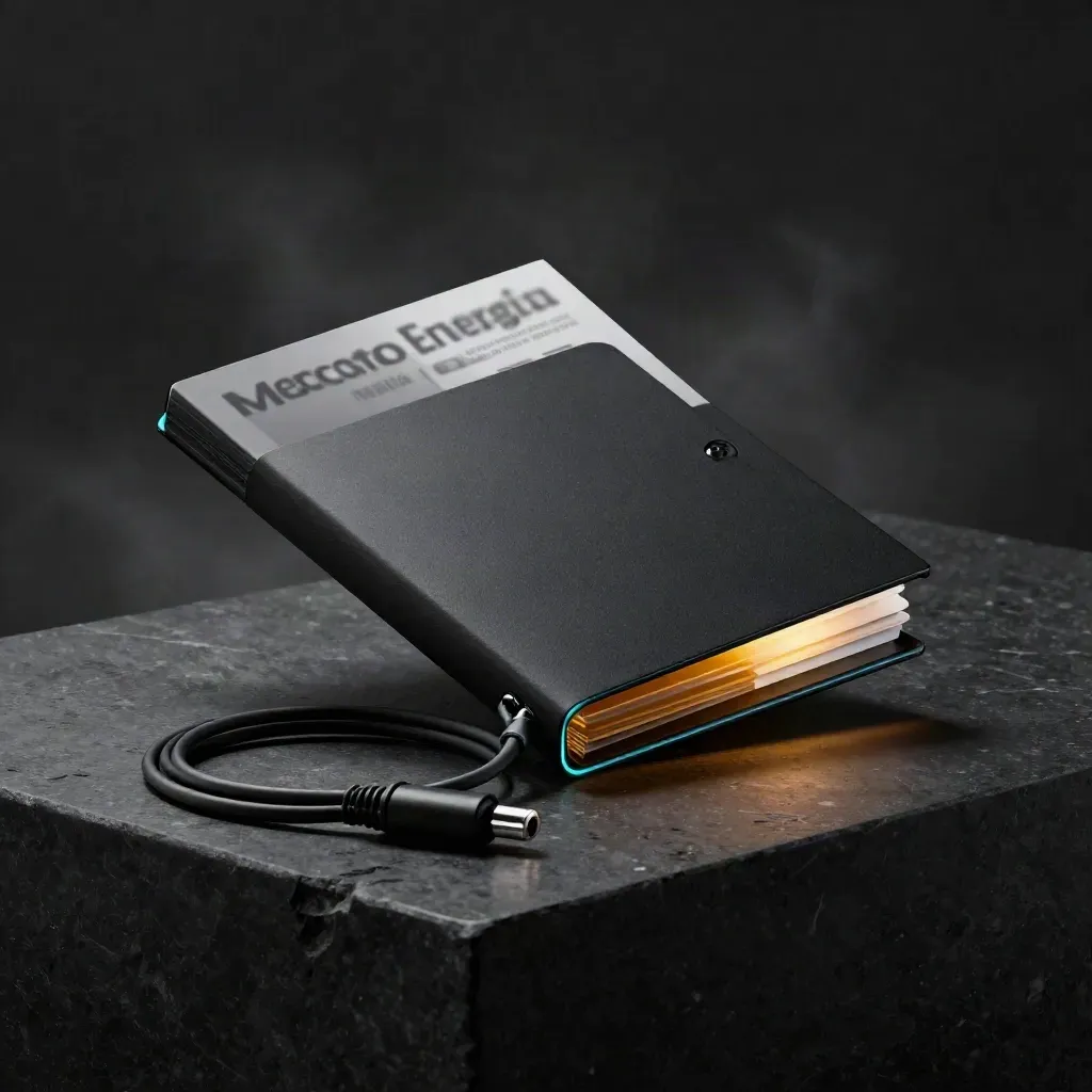 Folio nero con inserti ambra e cavo avvolto su base nera, luce drammatica in studio.