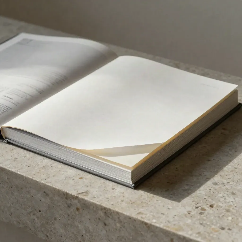 Fascicolo archivistico chiaro su piedistallo in pietra, fogli grigi aperti e striscia che cade.