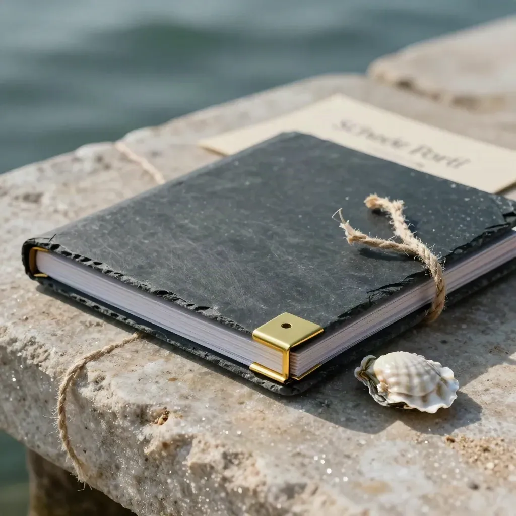 Cartella in ardesia con cordino, clip in ottone e conchiglia su pietra bagnata dal sale.