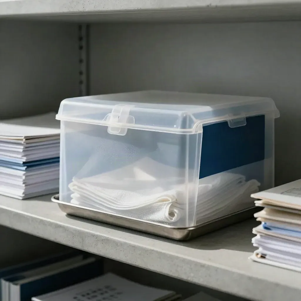 Kit archivio bianco su cemento con garza, vassoio metallico e luce fredda.