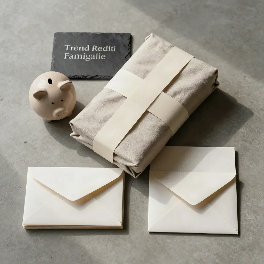 Flat lay del dossier Trend Redditi Famiglie con barattolo in ceramica e buste su cemento.