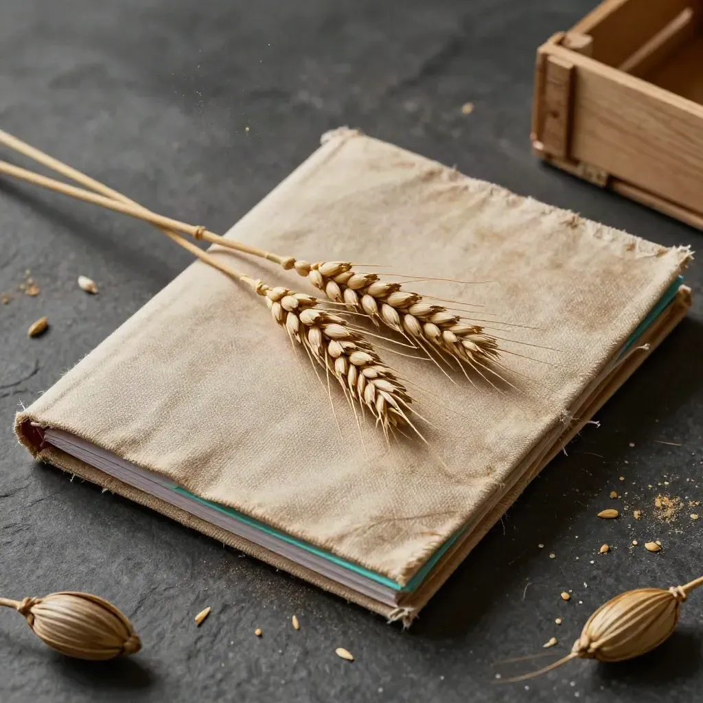 Cartella agroalimentare in lino e pergamena con spighe di grano e cassetta, luce radente.