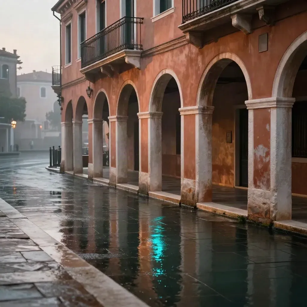Arcate terracotta su canale bagnato al crepuscolo, con riflessi ciano e balcone lontano