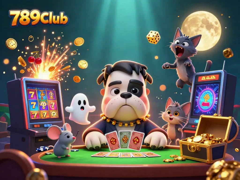 Experience thrilling moments at 789CLub with a spooky casino scene showcasing vibrant games and characters.