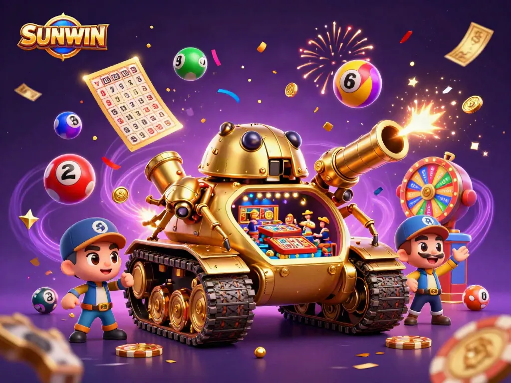 SUNWIN showcases a festive scene with a golden beetle tank casino, vibrant balls, and confetti celebrating gaming.