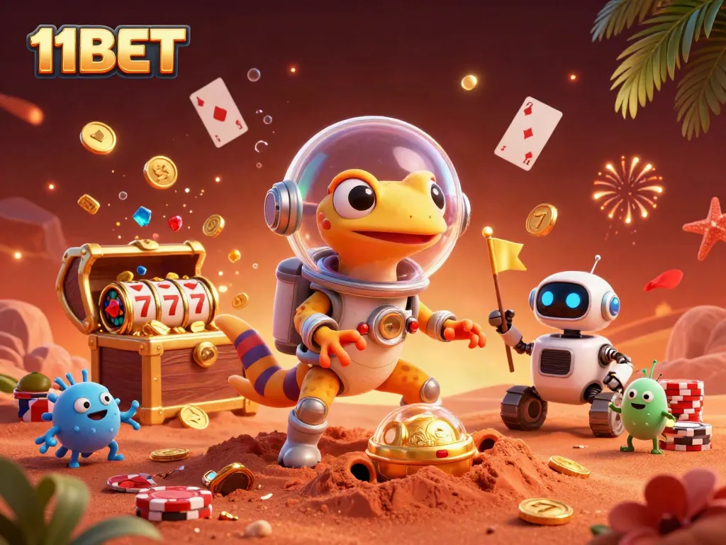 Experience the thrilling casino adventure at 11BET with a Martian gecko and exciting gaming treasures.
