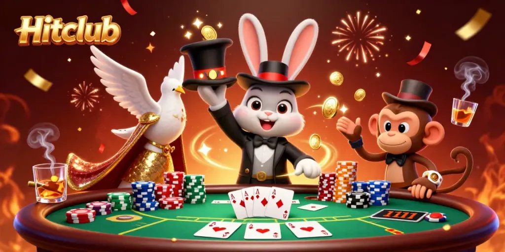 Experience the excitement of Hitclub with a magician and vibrant casino elements in action.