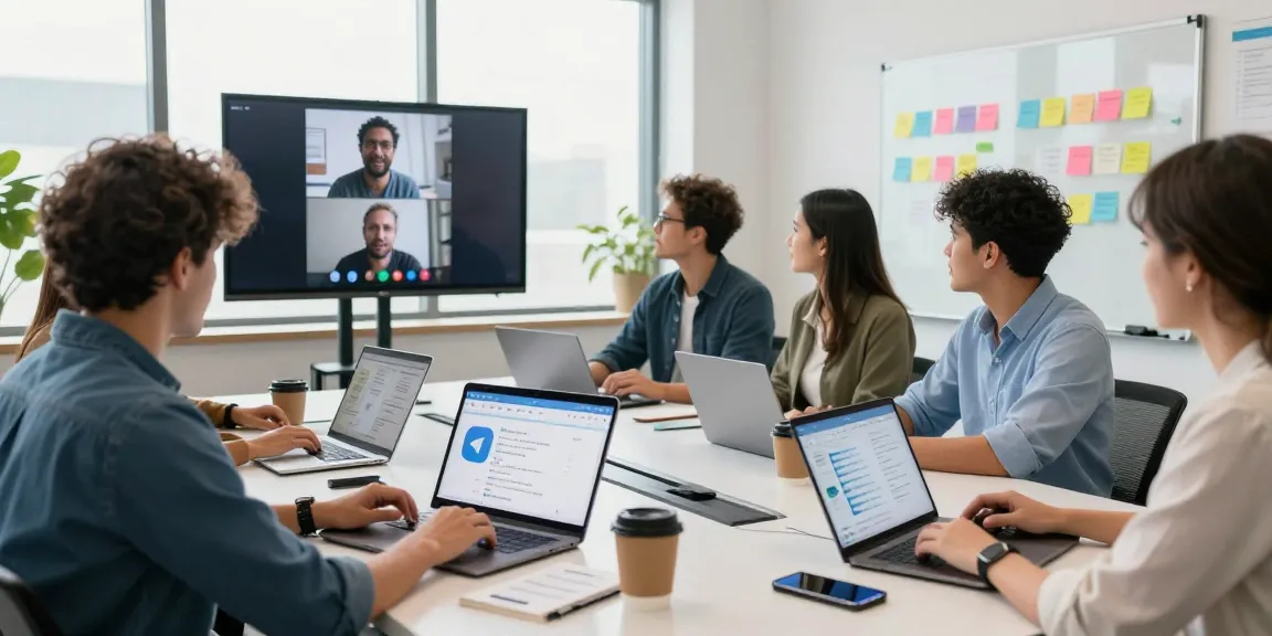 Download Telegram on multiple devices with a diverse team collaborating in a modern office setting, showcasing vibrant teamwork.