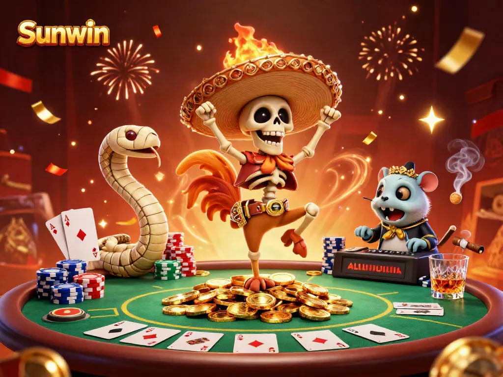 Experience vibrant gaming with Sunwin's dynamic casino scene featuring poker elements and celebratory characters.