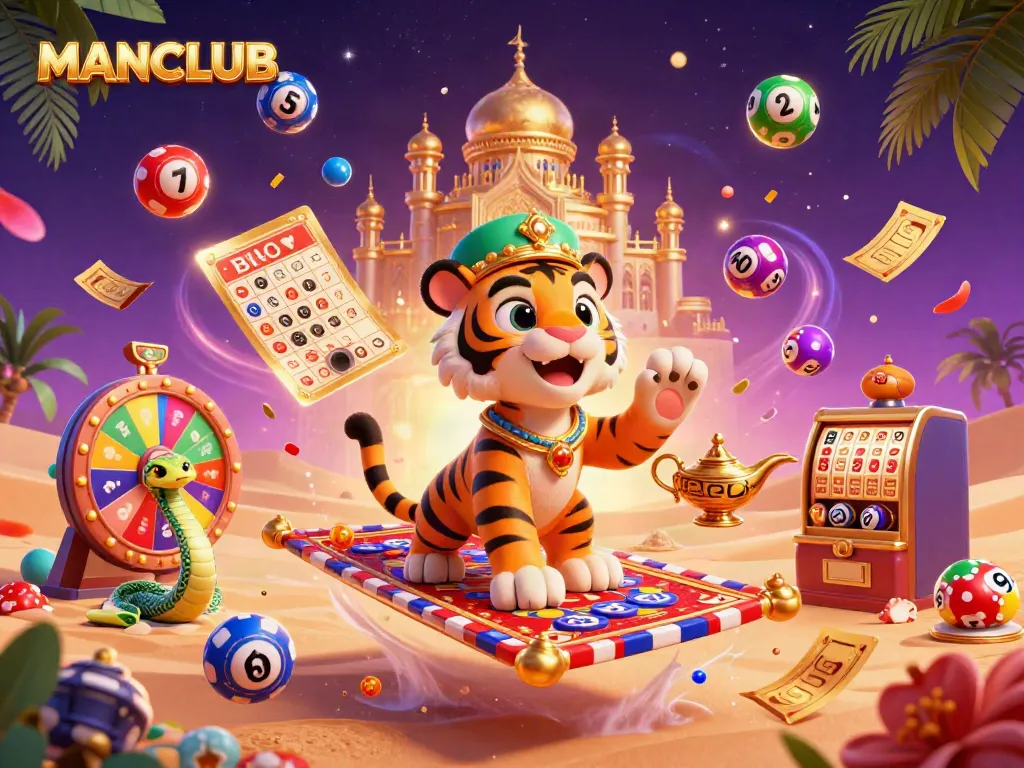 Experience the thrill of winning at MANCLUB with a vibrant 3D casino adventure featuring a sultan on a poker chip carpet.