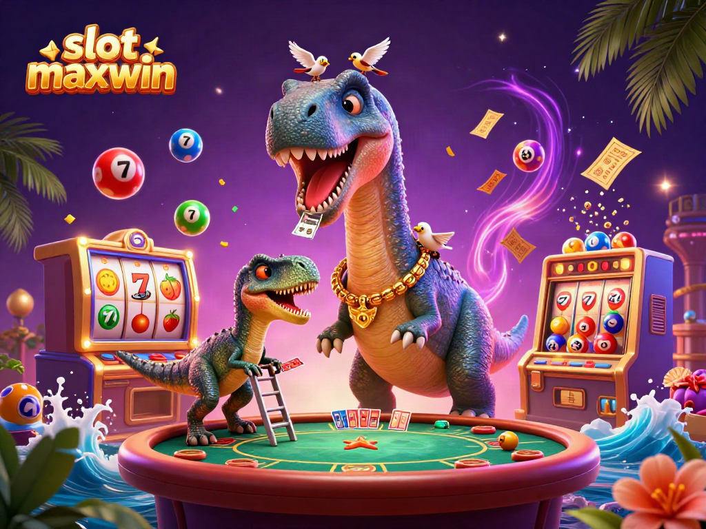 Engage with slot maxwin, showcasing a brontosaurus and raptor in a casino packed with lively slot elements.