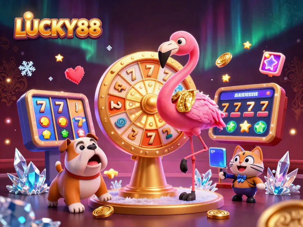 Spin the LUCKY88 prize wheel with 3D characters and vibrant casino elements, showcasing excitement and winning potential.