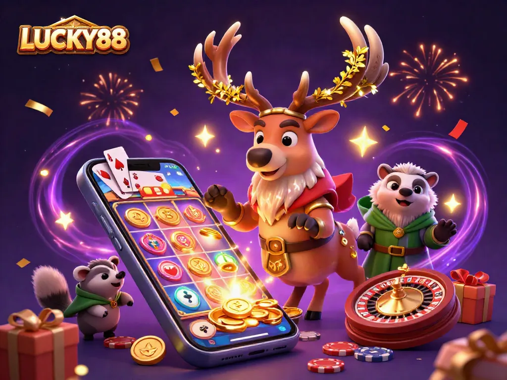 LUCKY88's immersive casino atmosphere comes alive with vibrant characters and game elements.