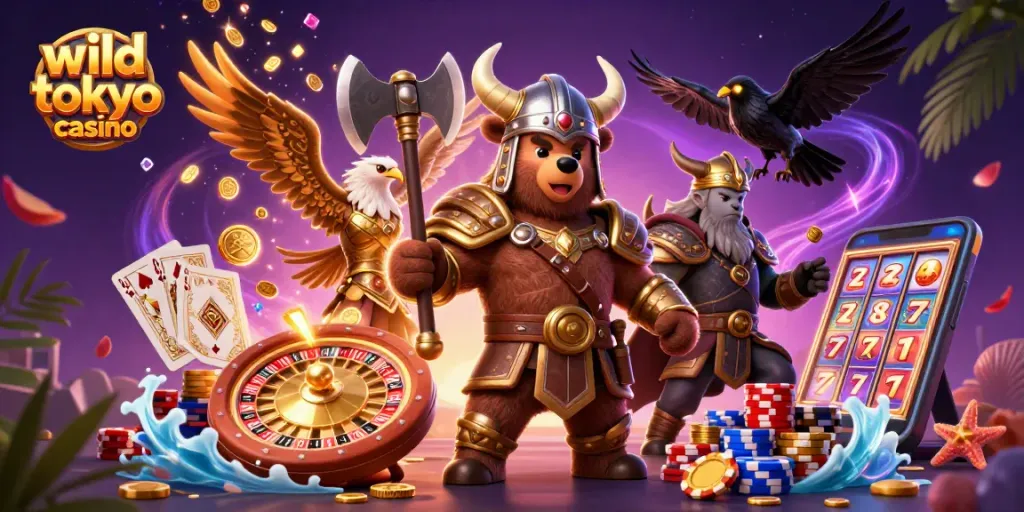 Engage in thrilling games at wild tokyo casino with a vibrant 3D illustration featuring a Viking bear and Valkyrie eagle.