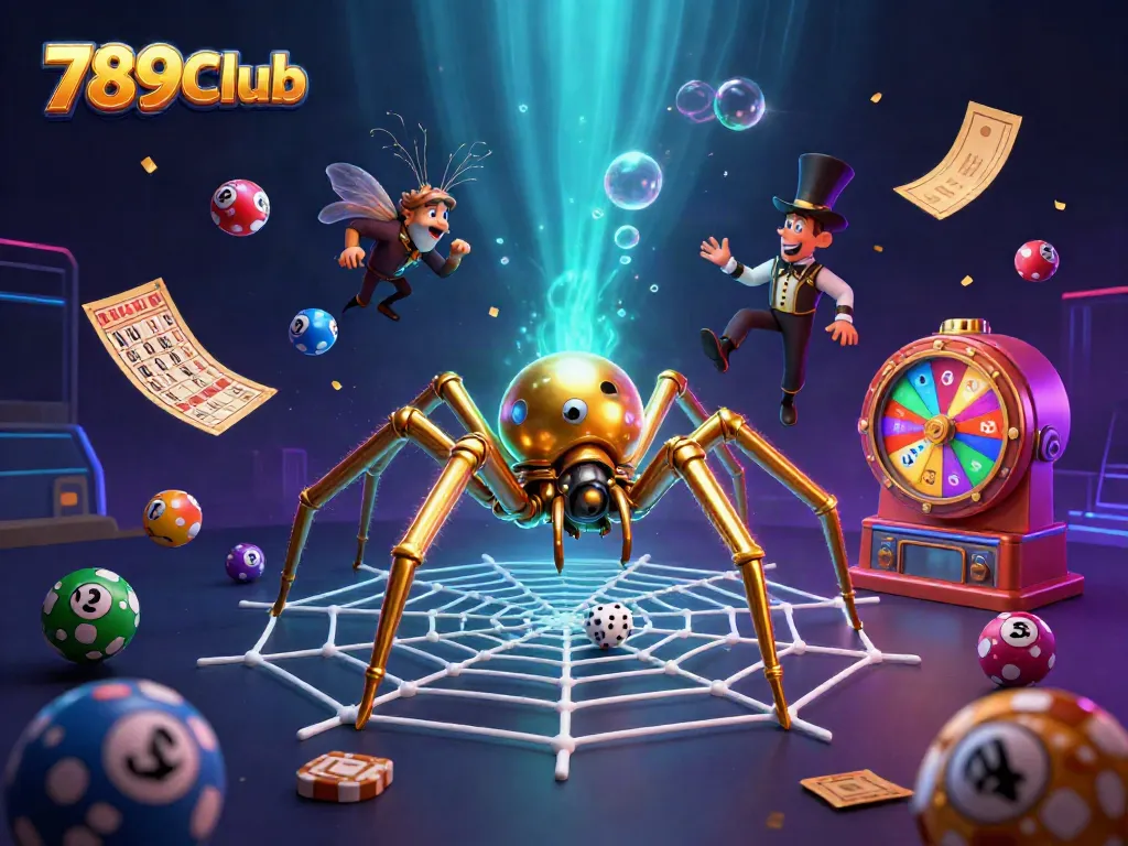 Experience the excitement of 789Club with this vibrant 3D illustration of a steampunk spider captivating dice amidst a lively casino atmosphere.