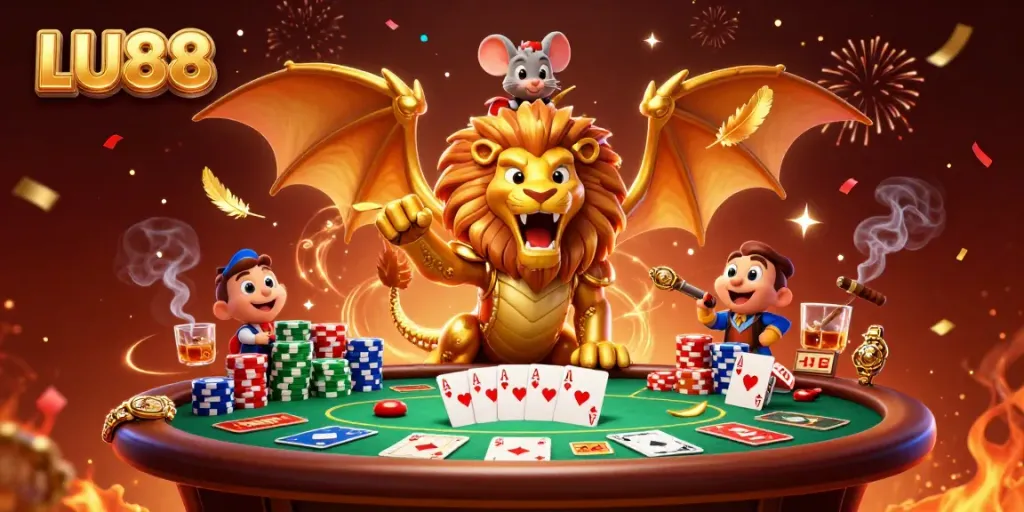Experience the thrilling world of LU88 with a golden armored chimera and poker elements in action.