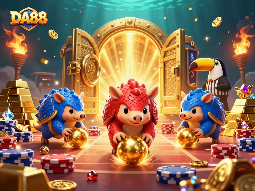 Experience thrilling gameplay with DA88's dynamic casino scene featuring rival pangolins and poker chips.
